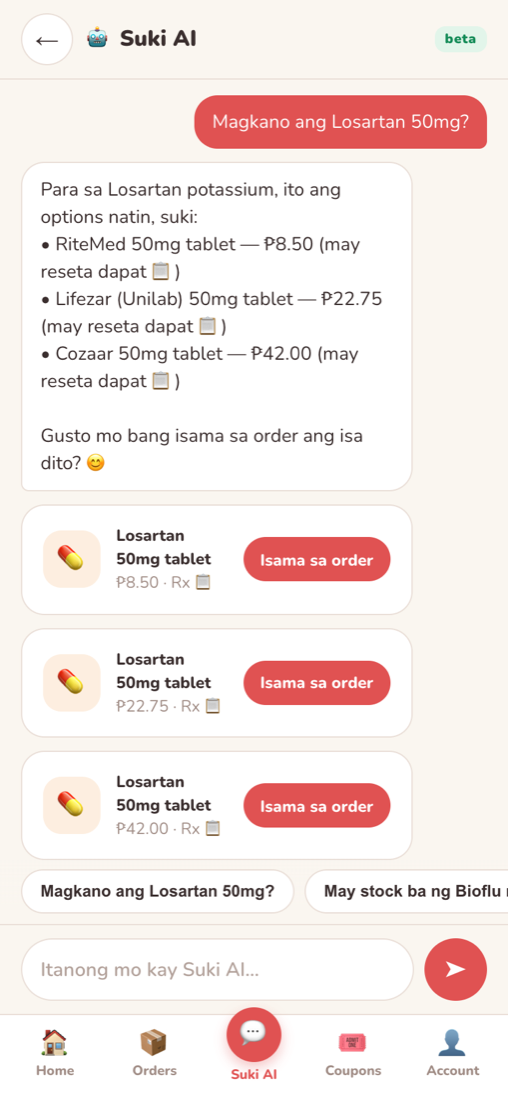 Suki AI chat answering in Taglish about Losartan prices
