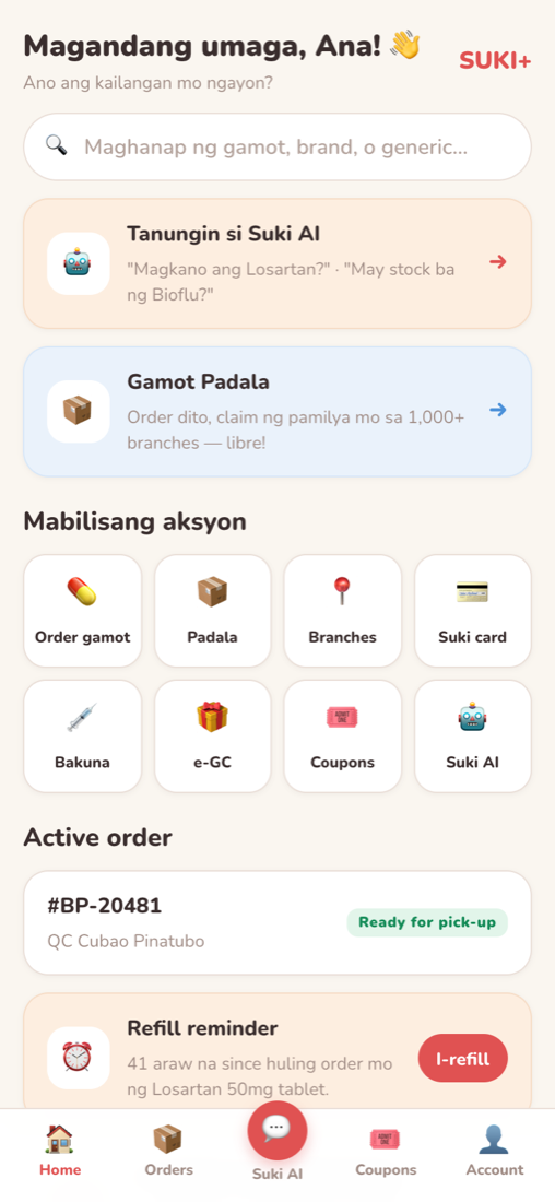Suki+ Home screen — Magandang umaga, Ana!