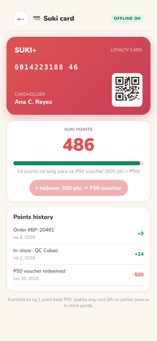 Suki card with OFFLINE OK badge, QR code, and points