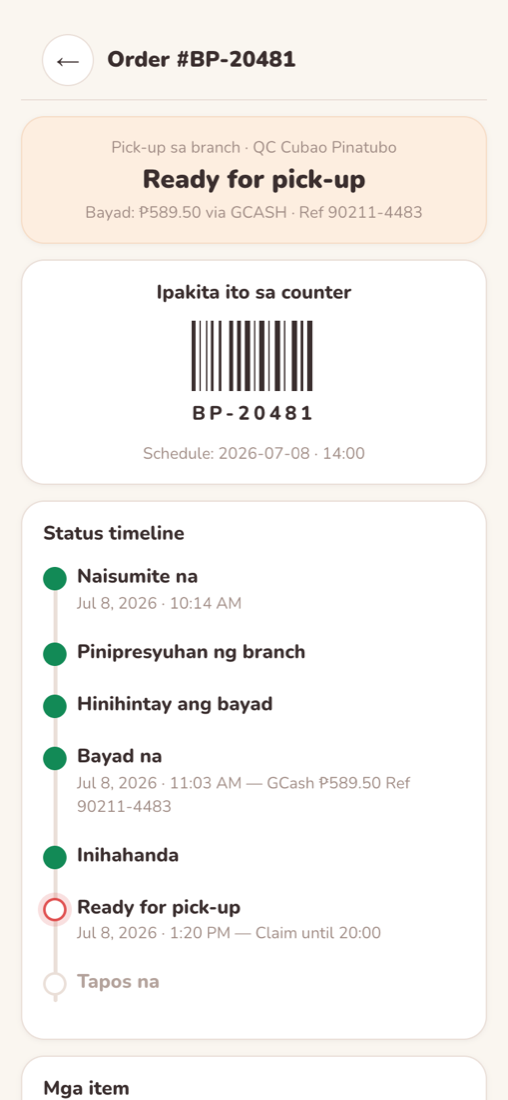 Order tracking with barcode and status timeline